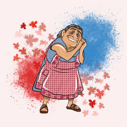 Illustration chaleureuse d'une grand-mère souriante sur une pochette personnalisée