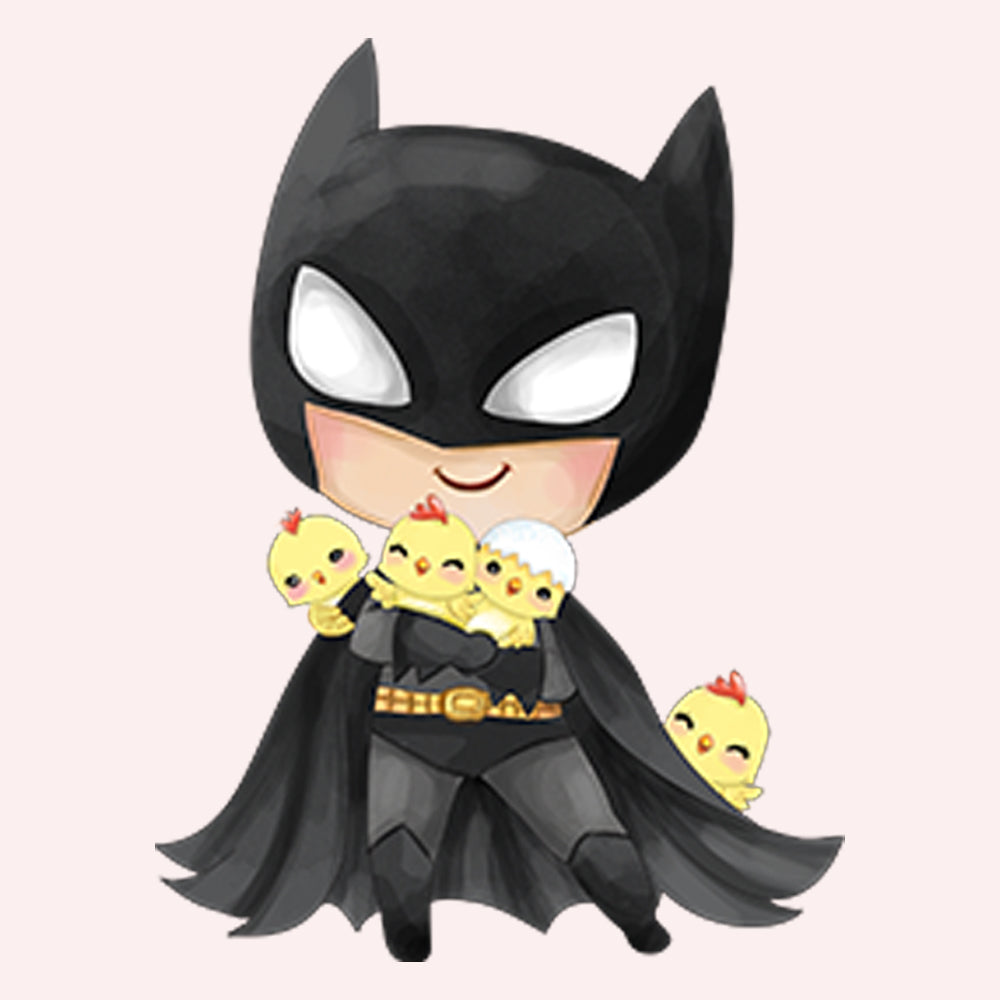 Option dessin pour Pochette personnalisée mettant en scène Batman avec des poussins dans les bras, pour une protection stylisée de vos crayons