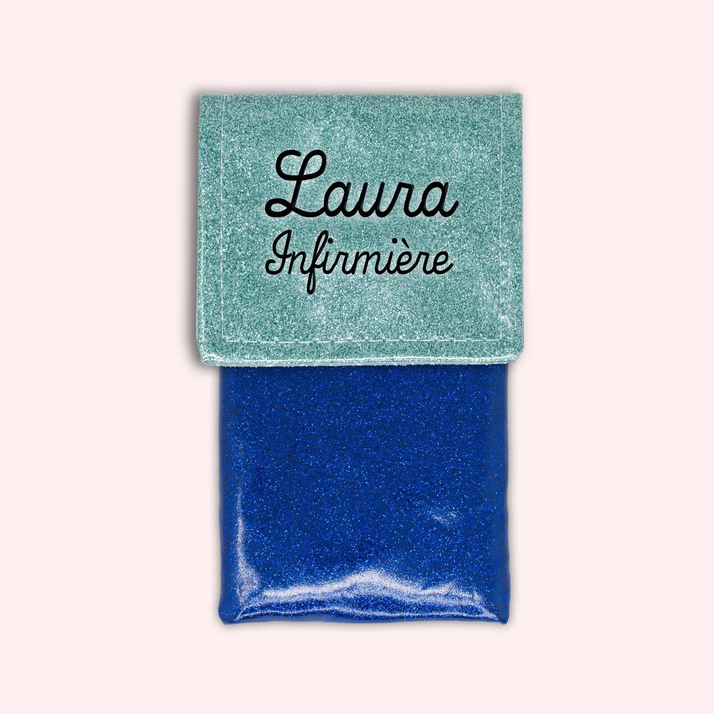 Two-tone pouch with sky blue glitter flap