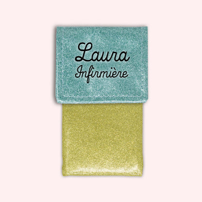 Two-tone pouch with sky blue glitter flap