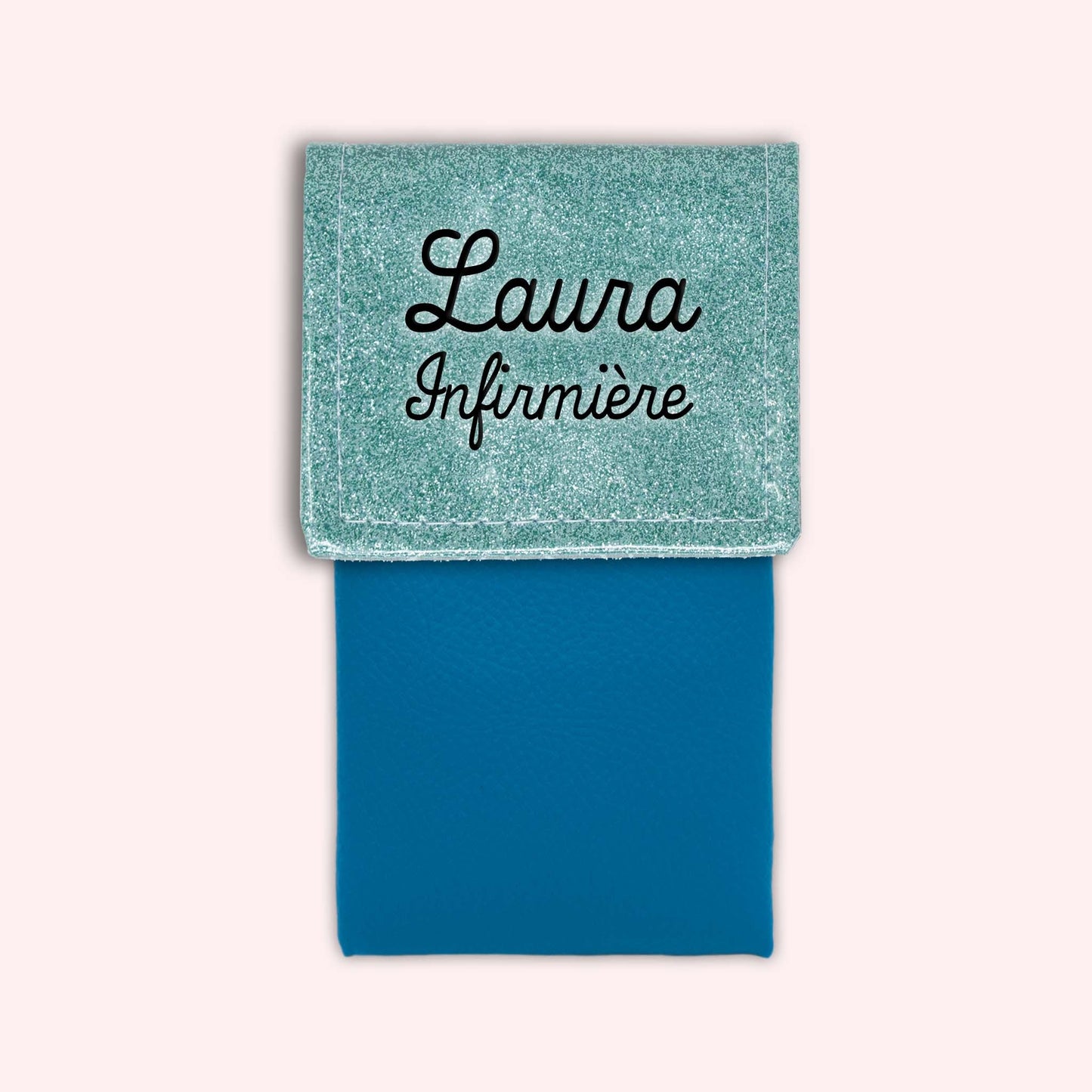 Two-tone pouch with sky blue glitter flap