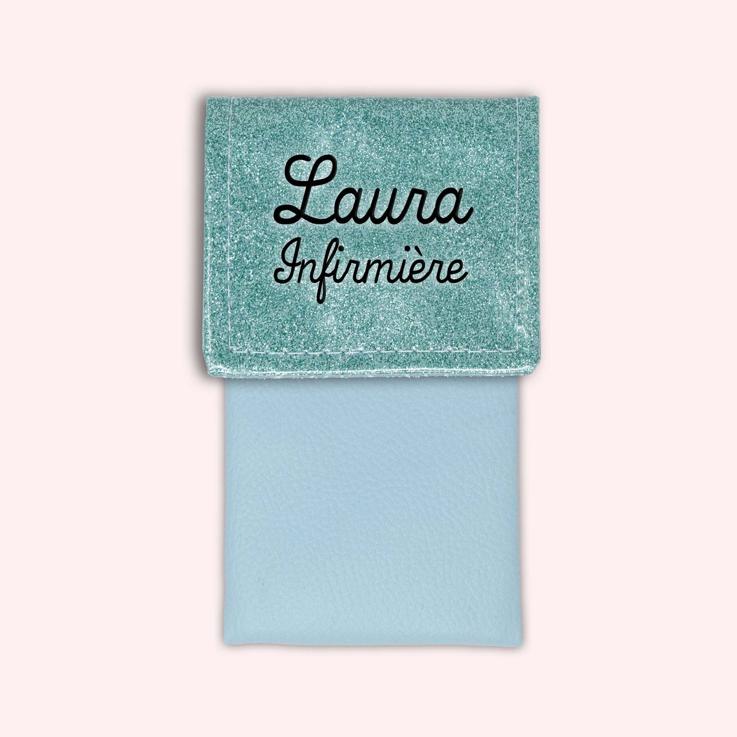 Two-tone pouch with sky blue glitter flap