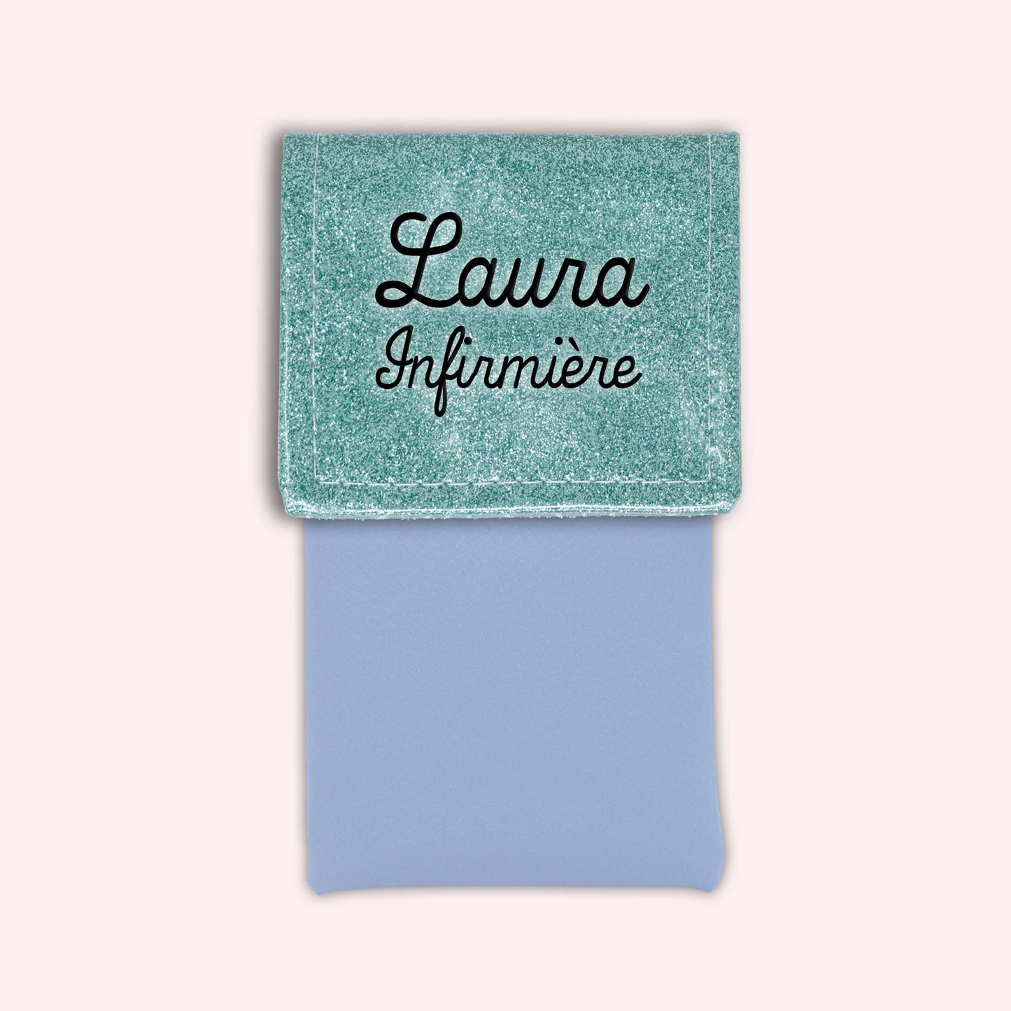 Two-tone pouch with sky blue glitter flap