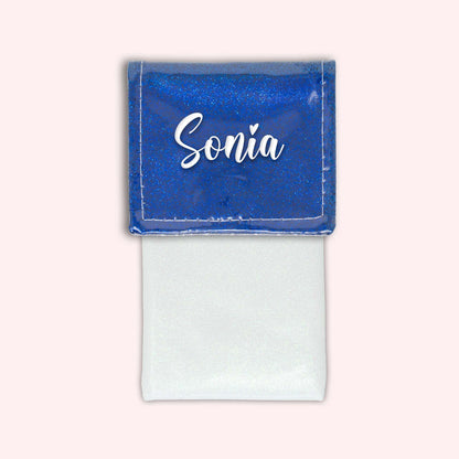 Two-tone pouch with midnight blue glitter flap