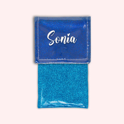 Two-tone pouch with midnight blue glitter flap