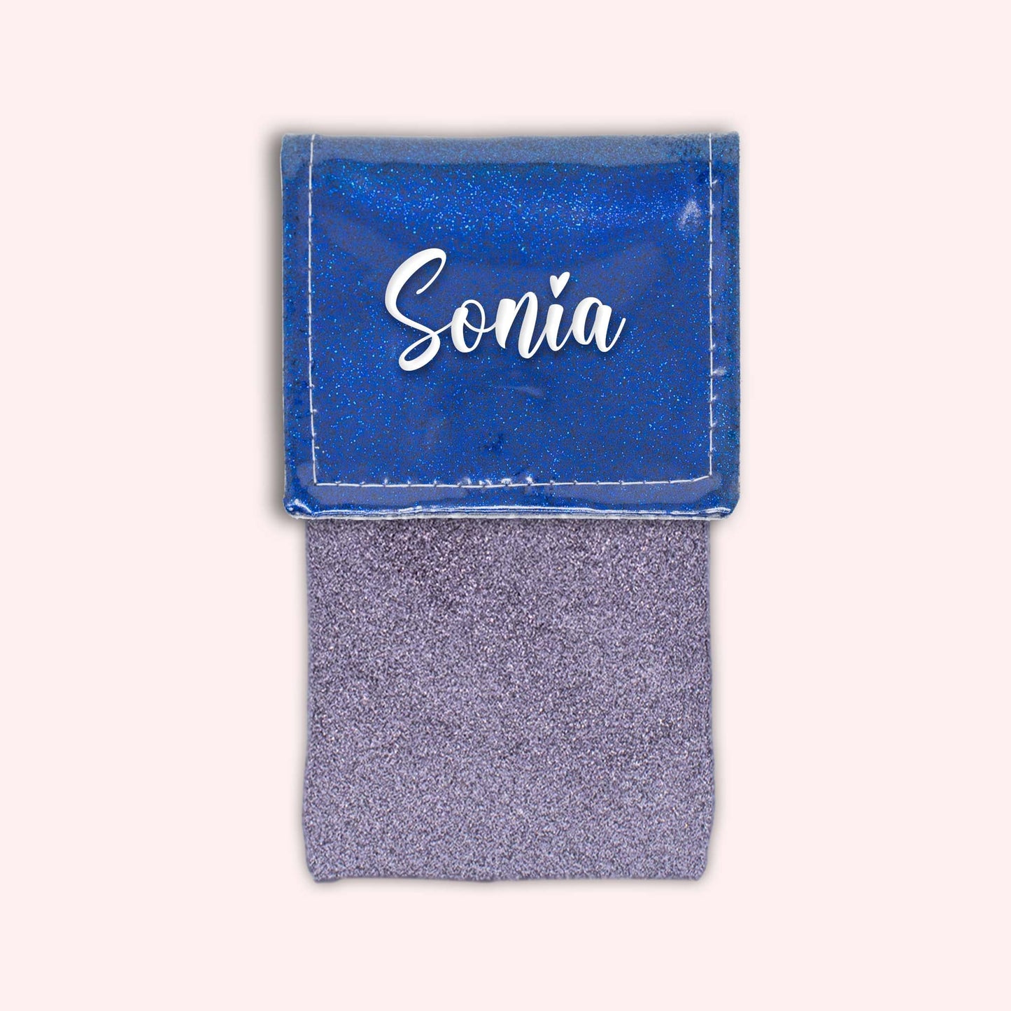 Two-tone pouch with midnight blue glitter flap