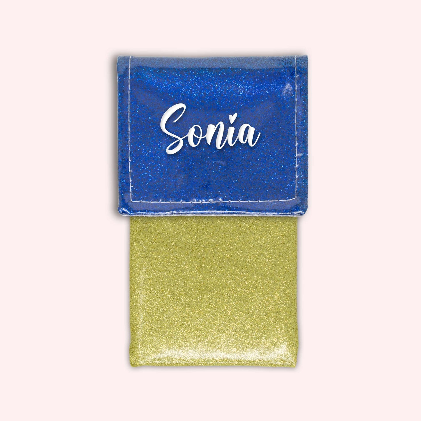Two-tone pouch with midnight blue glitter flap