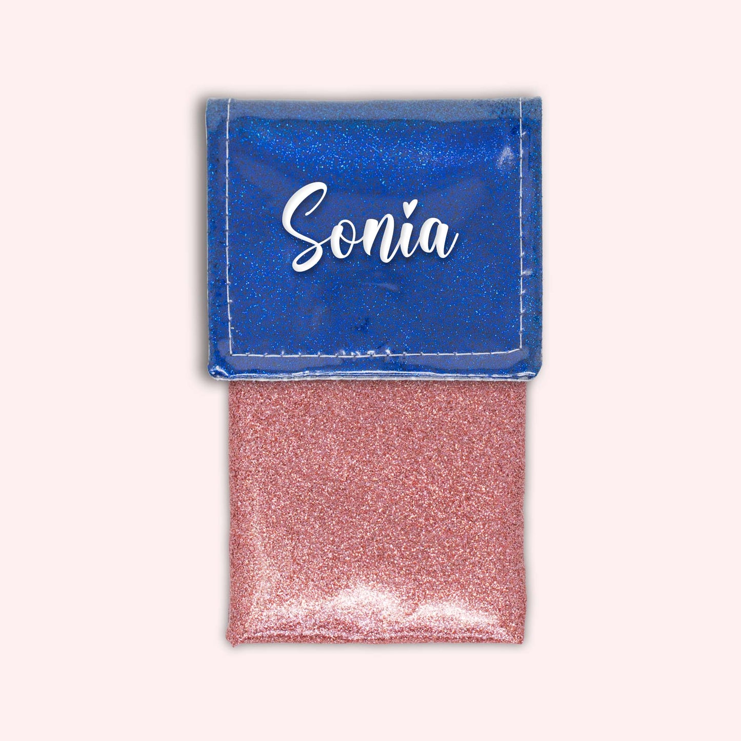 Two-tone pouch with midnight blue glitter flap