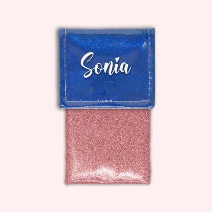 Two-tone pouch with midnight blue glitter flap