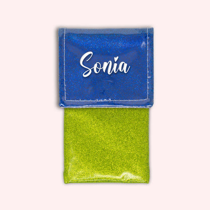 Two-tone pouch with midnight blue glitter flap