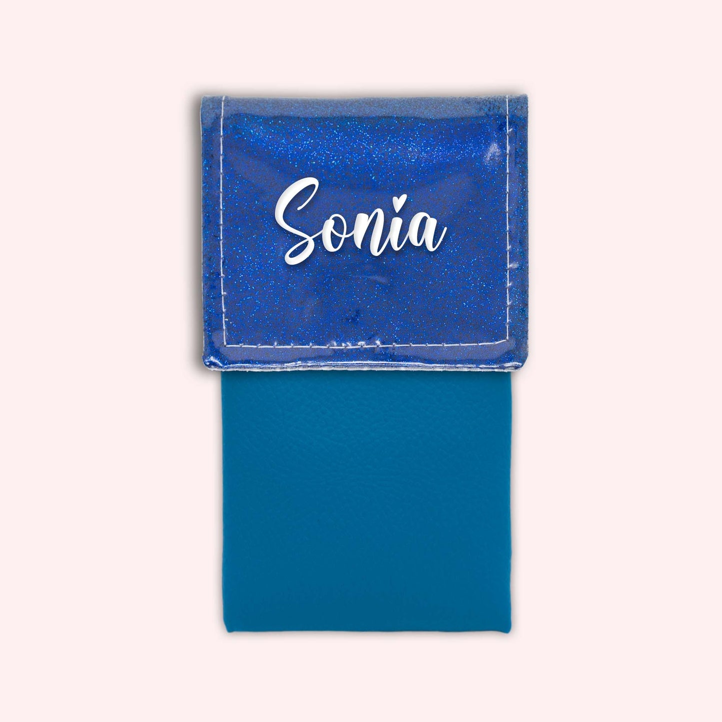 Two-tone pouch with midnight blue glitter flap