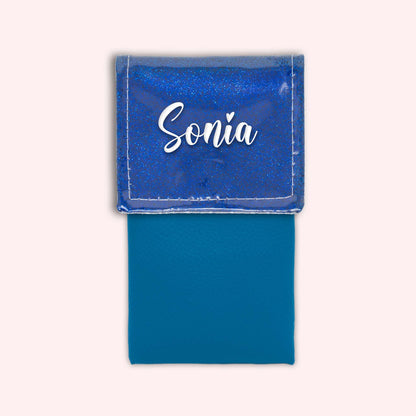 Two-tone pouch with midnight blue glitter flap