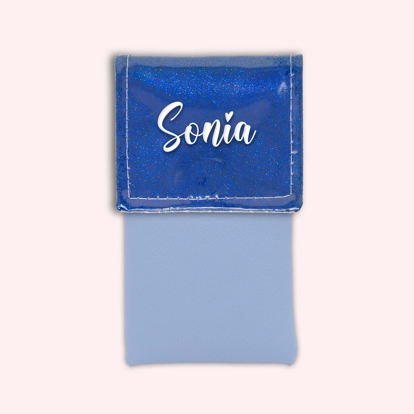 Two-tone pouch with midnight blue glitter flap