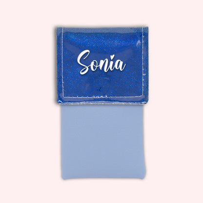 Two-tone pouch with midnight blue glitter flap
