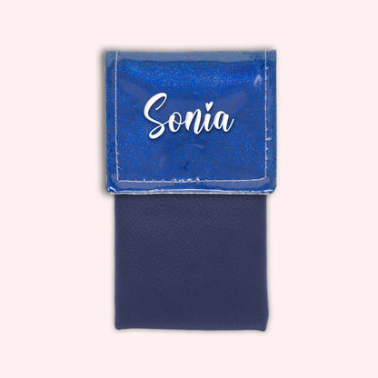 Two-tone pouch with midnight blue glitter flap