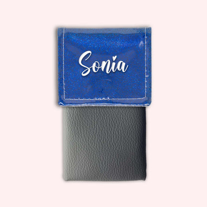Two-tone pouch with midnight blue glitter flap