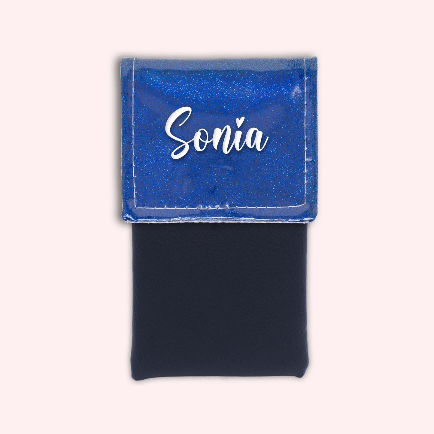 Two-tone pouch with midnight blue glitter flap