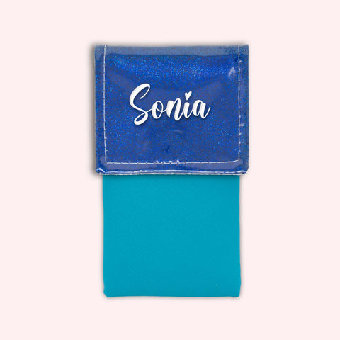 Two-tone pouch with midnight blue glitter flap