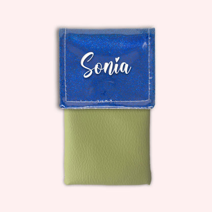 Two-tone pouch with midnight blue glitter flap