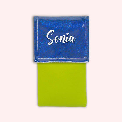 Two-tone pouch with midnight blue glitter flap