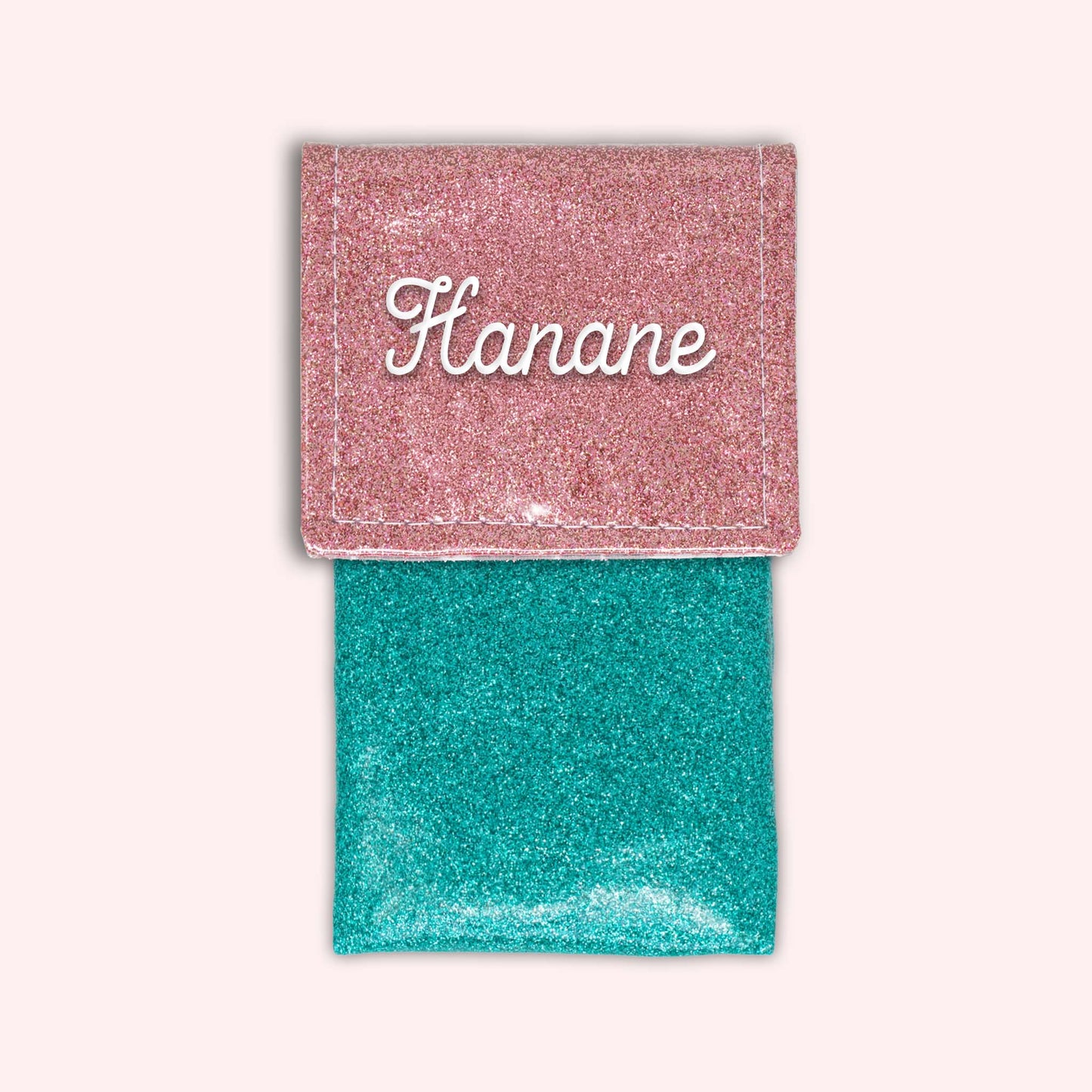 Two-tone pouch with pale pink glitter flap