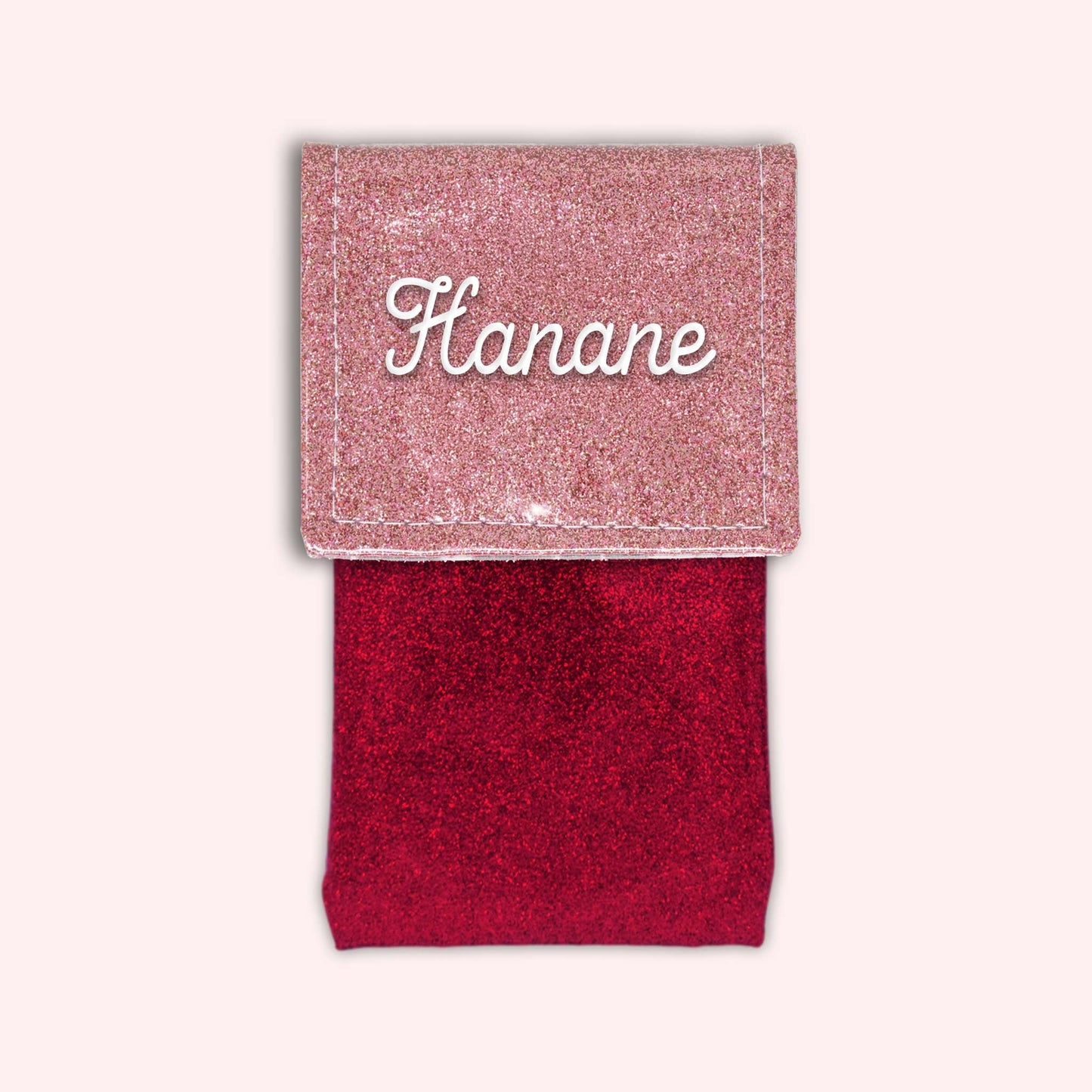 Two-tone pouch with pale pink glitter flap