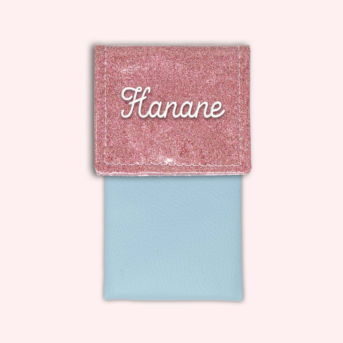 Two-tone pouch with pale pink glitter flap