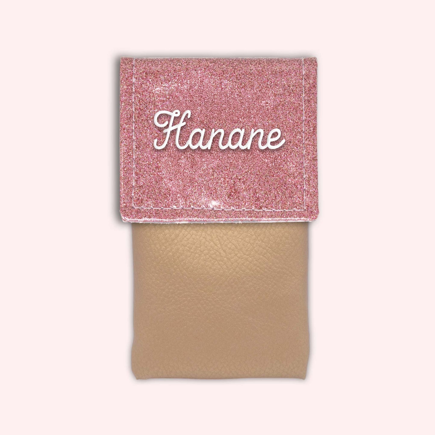 Two-tone pouch with pale pink glitter flap