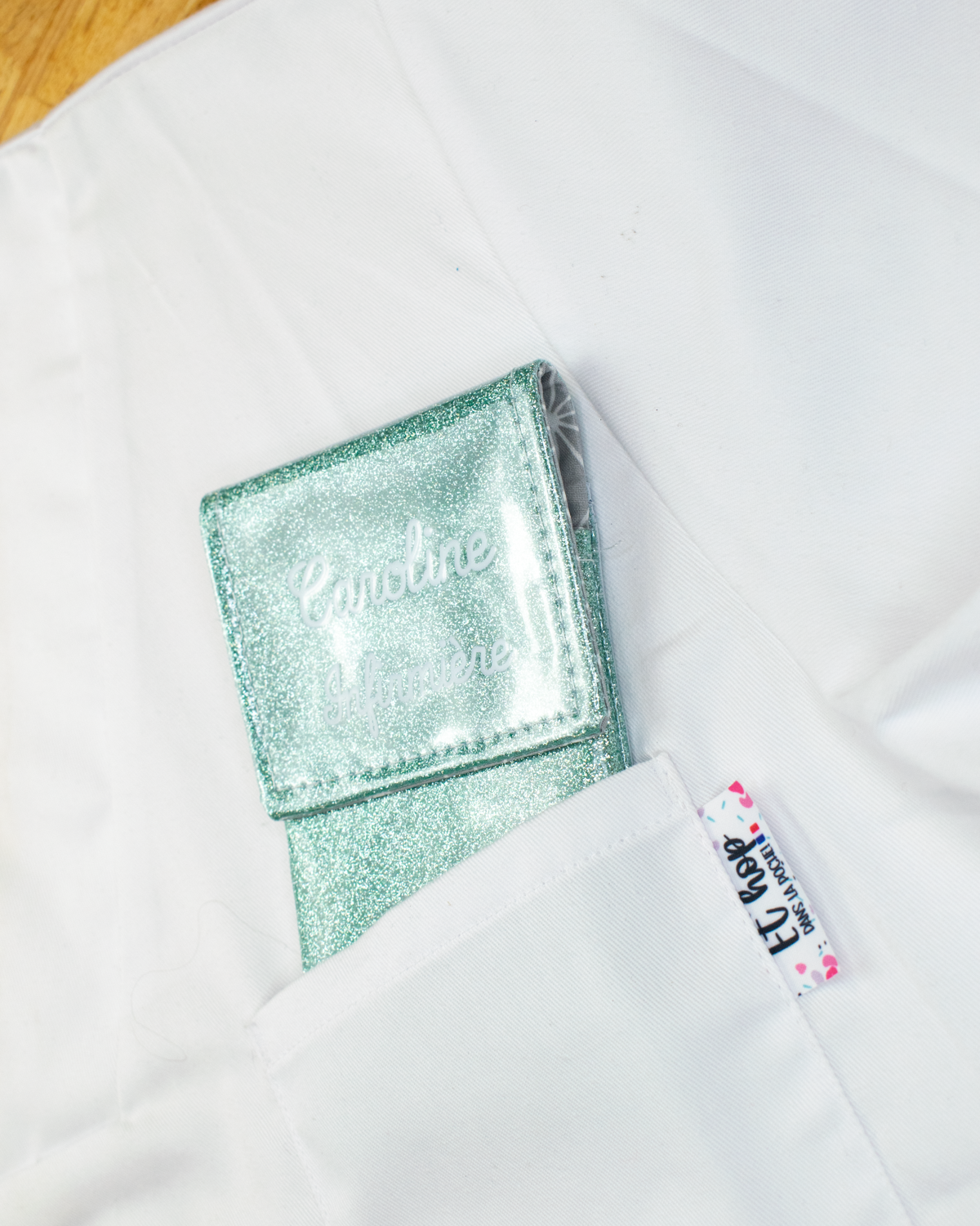 Two-tone pouch with sky blue glitter flap