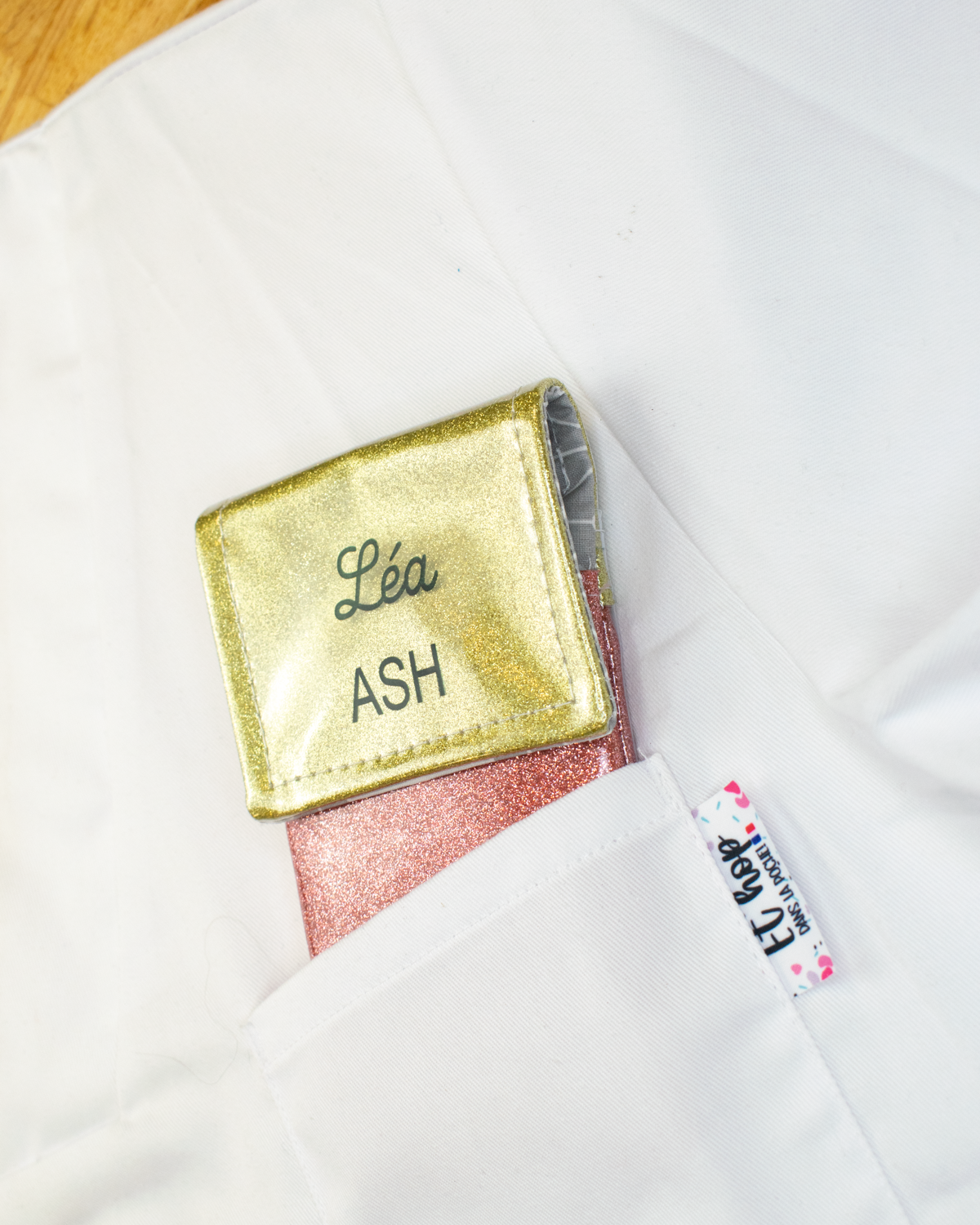 Two-tone pouch with gold glitter flap