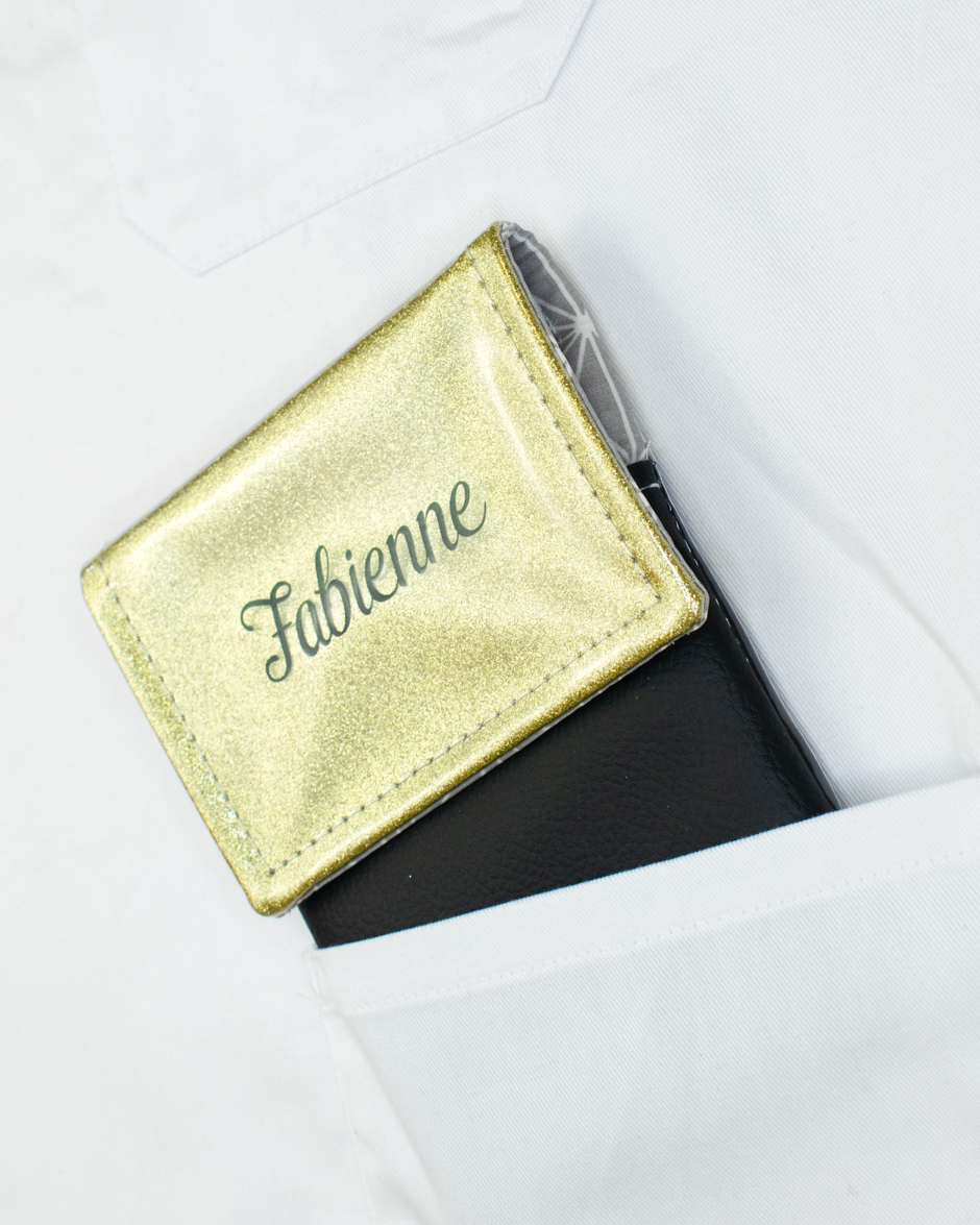 Two-tone pouch with gold glitter flap